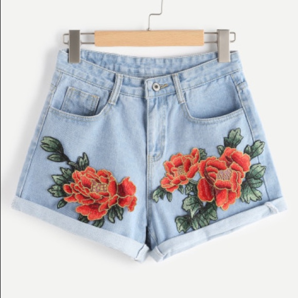 Embroidered Rolled Denim Shorts