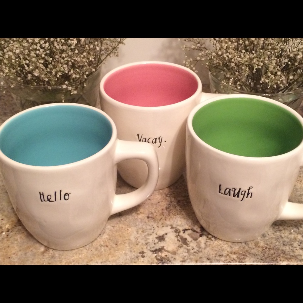 Rae Dunn Mugs, cursive.... hello, vacay, laugh!