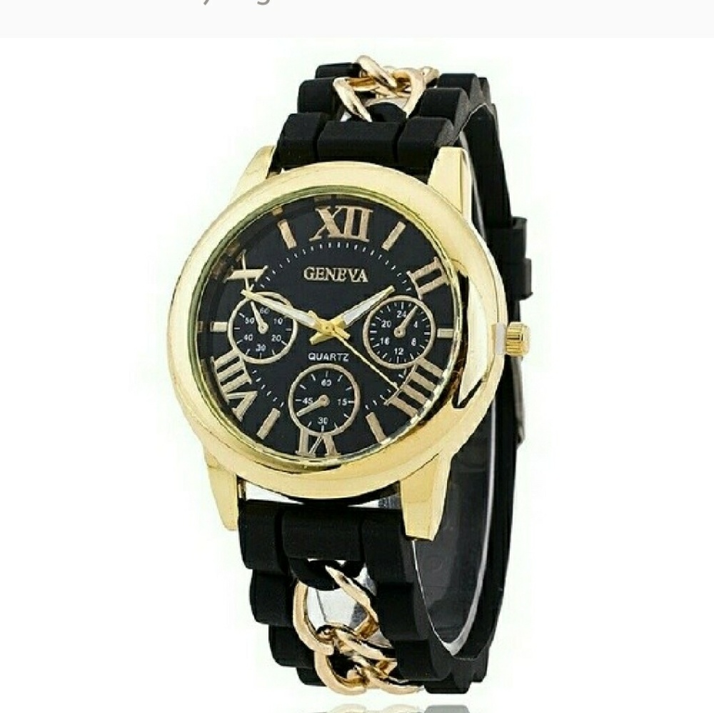 Geneva Black and Gold Ladies Watch   