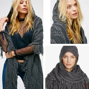 Free People Grey Cable Fringe Hooded Scarf Free People Grey Cable Fringe Hooded Scarf