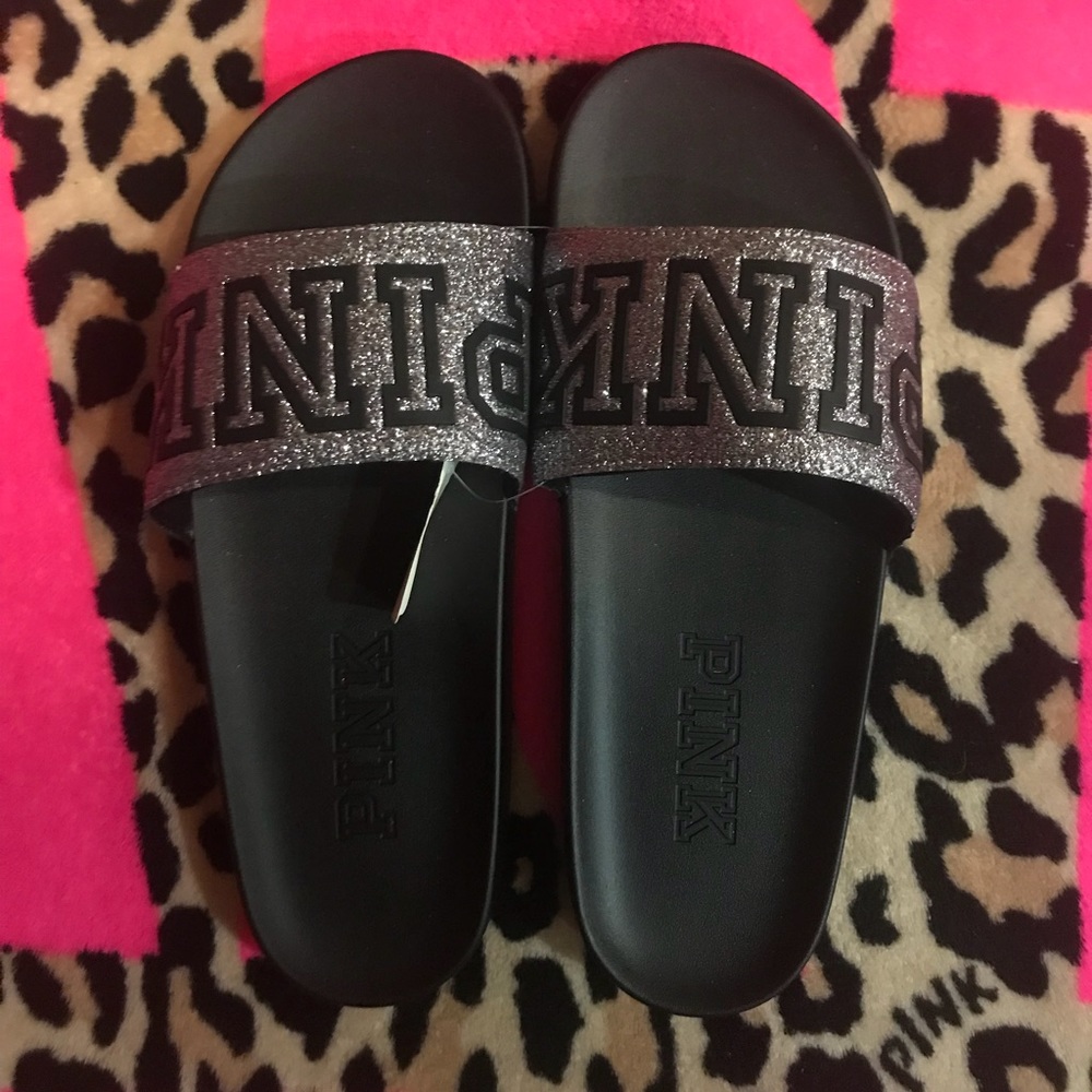 VS Pink Black Gray Glitter Bling Logo Slides NWT