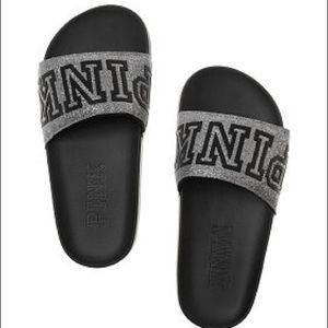 VS Pink Black/Gray Glitter Bling Logo Slides NWT VS Pink Black/Gray Glitter Bling Logo Slides NWT