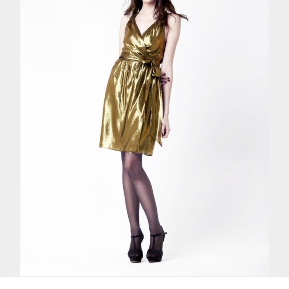 Gold Shimmer Silk Cocktail Wrap Dress, sz 6