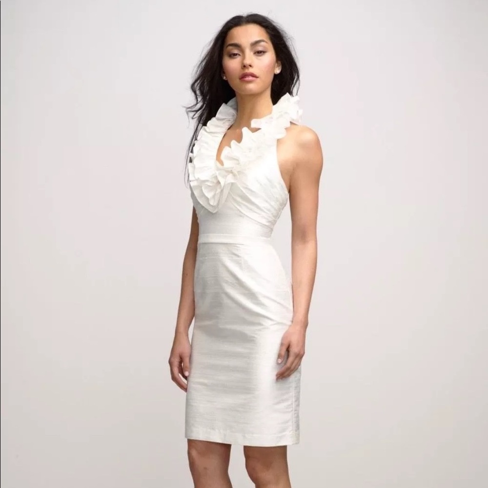 Bcbgmaxazria white ruffle belted halter dress