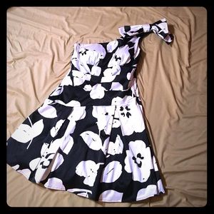 Off the shoulder black and white cocktail dress