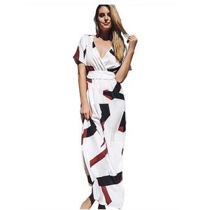 Abstract Print Maxi Dress with Matching Belt