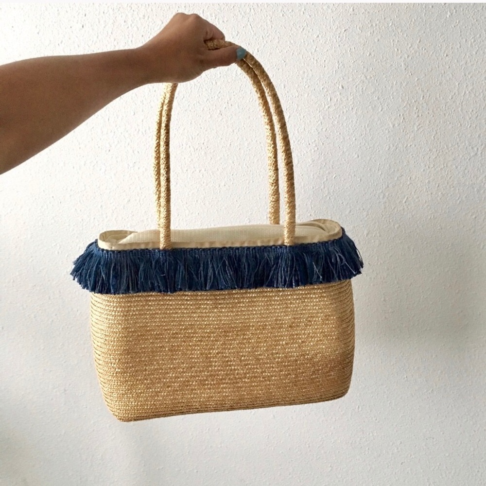 Woven/Straw Blue Fringe Purse