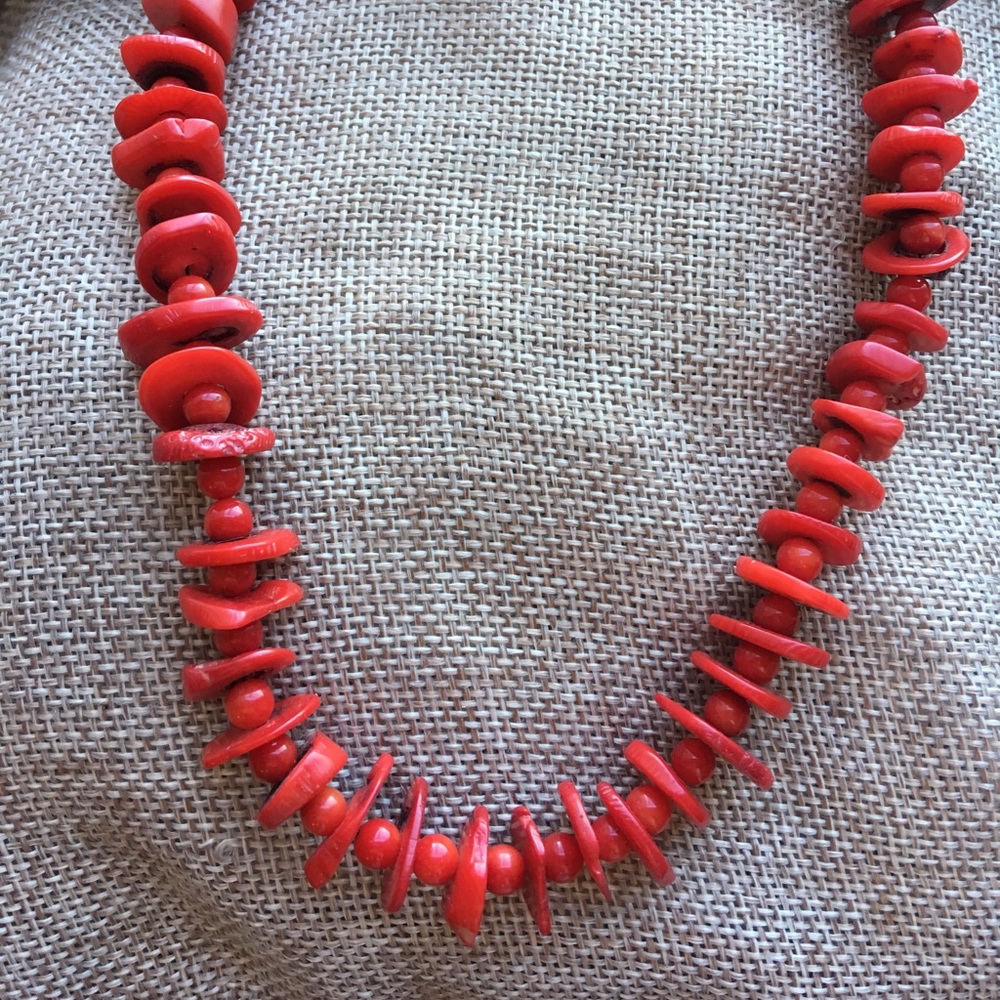 Red Coral Slice Natural Bead Necklace Toggle Clasp