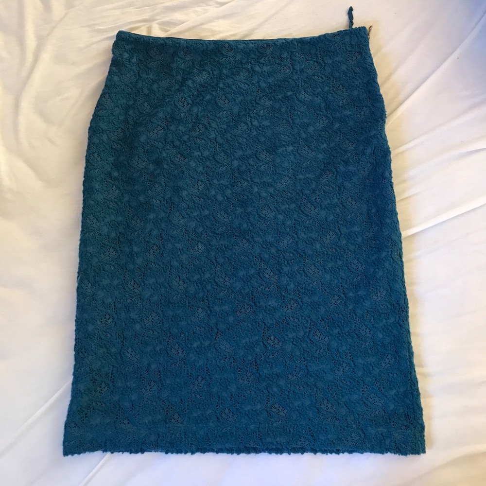 ANTHROPOLOGIE blue lace pencil skirt