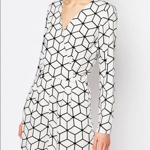 Asos Romper White Black Geometric Long Sleeve