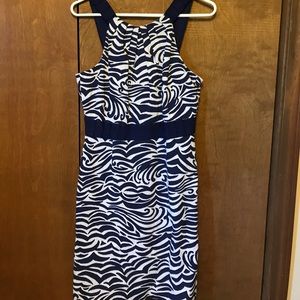 Blue and white dress.