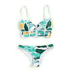 Tropical Print Contrast Trim Bikini Set