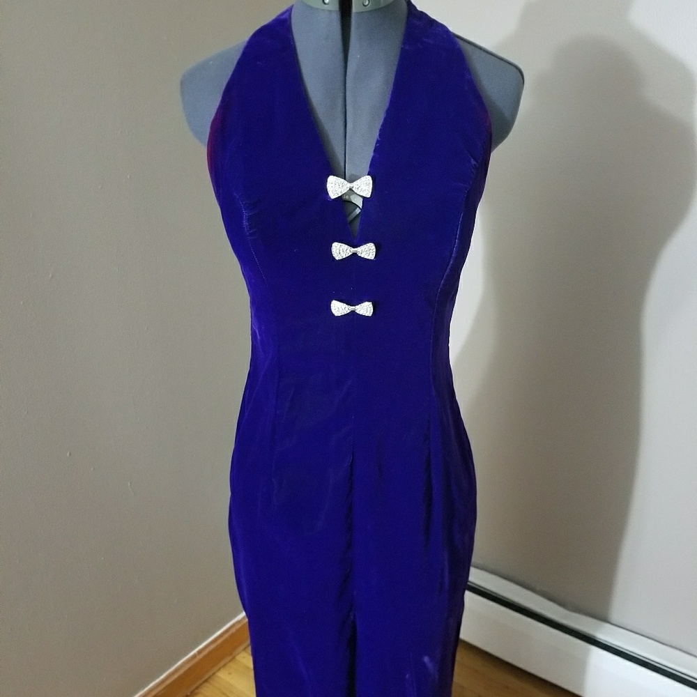 Crushed velvet halter gown, rhinestone bow accent