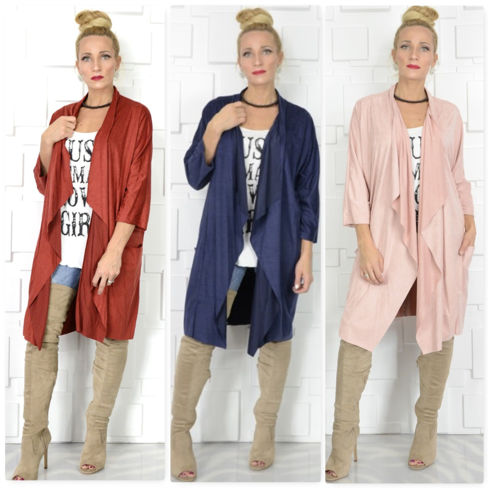 NAVY BLUE FAUX SUEDE DUSTER CARDIGAN - Picture 4 of 4