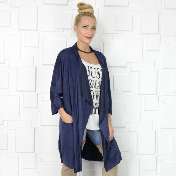 NAVY BLUE FAUX SUEDE DUSTER CARDIGAN - Picture 3 of 4