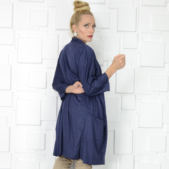 NAVY BLUE FAUX SUEDE DUSTER CARDIGAN - Picture 2 of 4