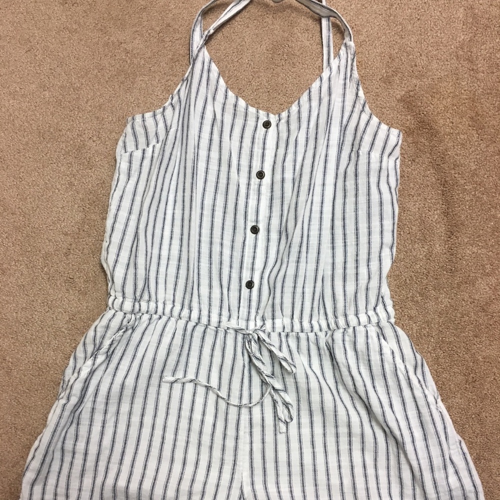 Old Navy White & Denim Pin Striped Romper