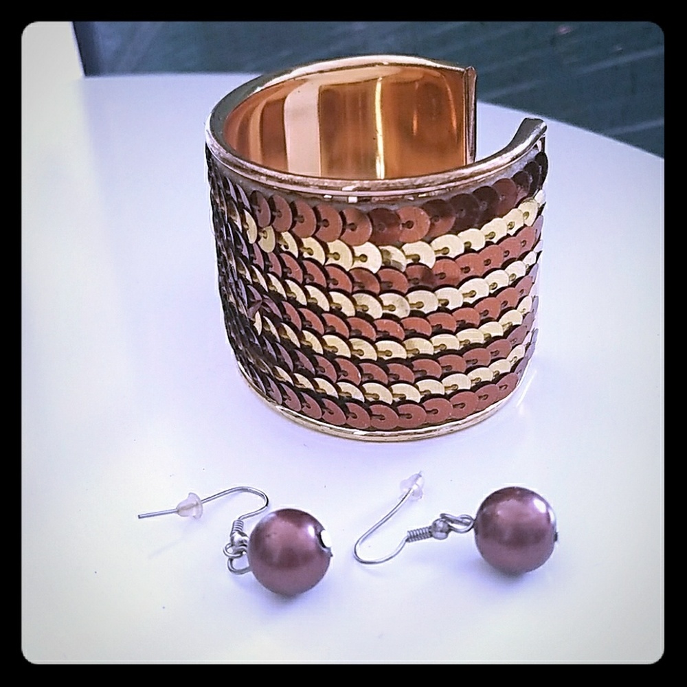 Sequin Gold/Bronze Bracelet with Bronze Earrings