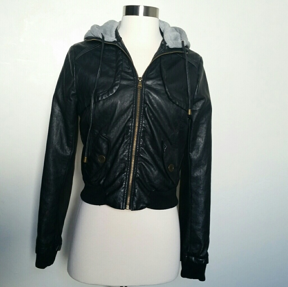 Pleather jacket with removable hood