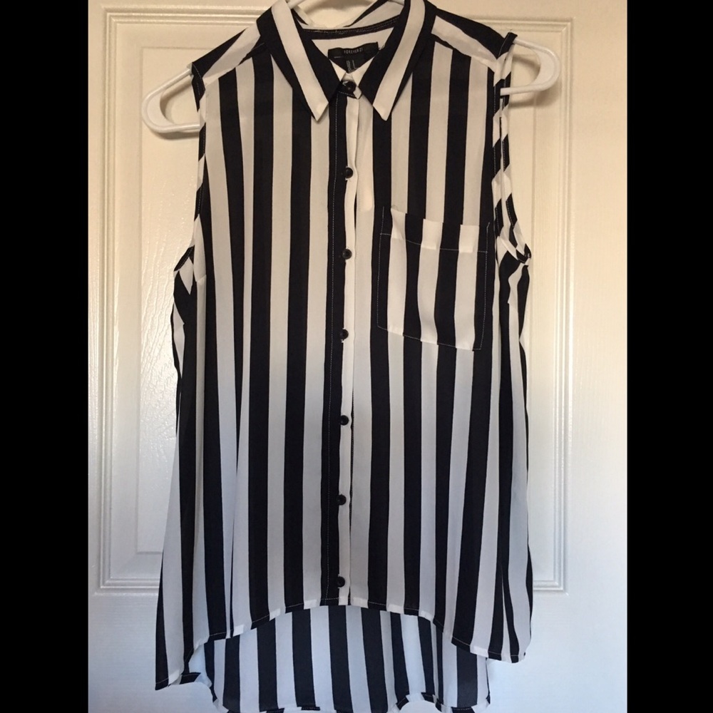 Striped Collared Button-up Tank, Black/White, Sm