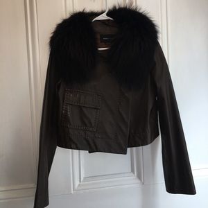 Raccoon trim BCBG chocolate leather jacket.