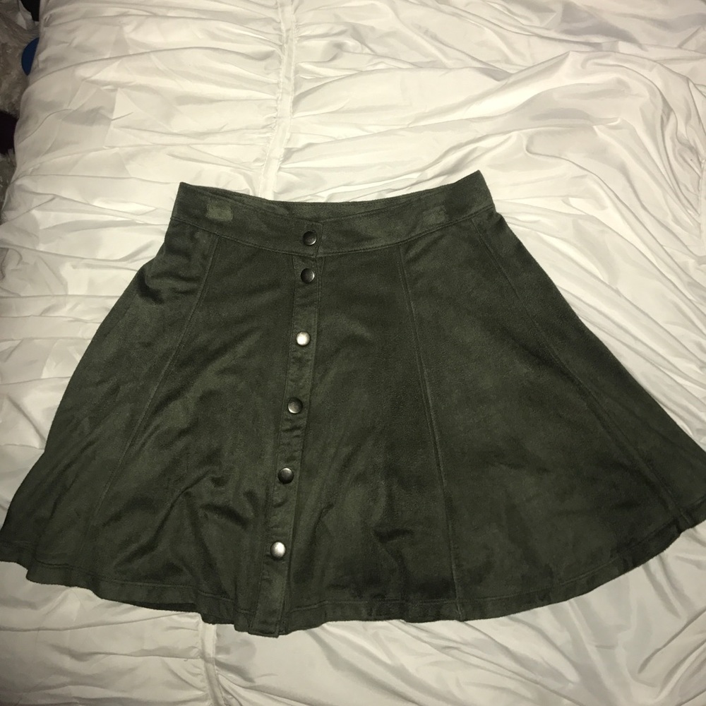 Olive green suede button up skirt