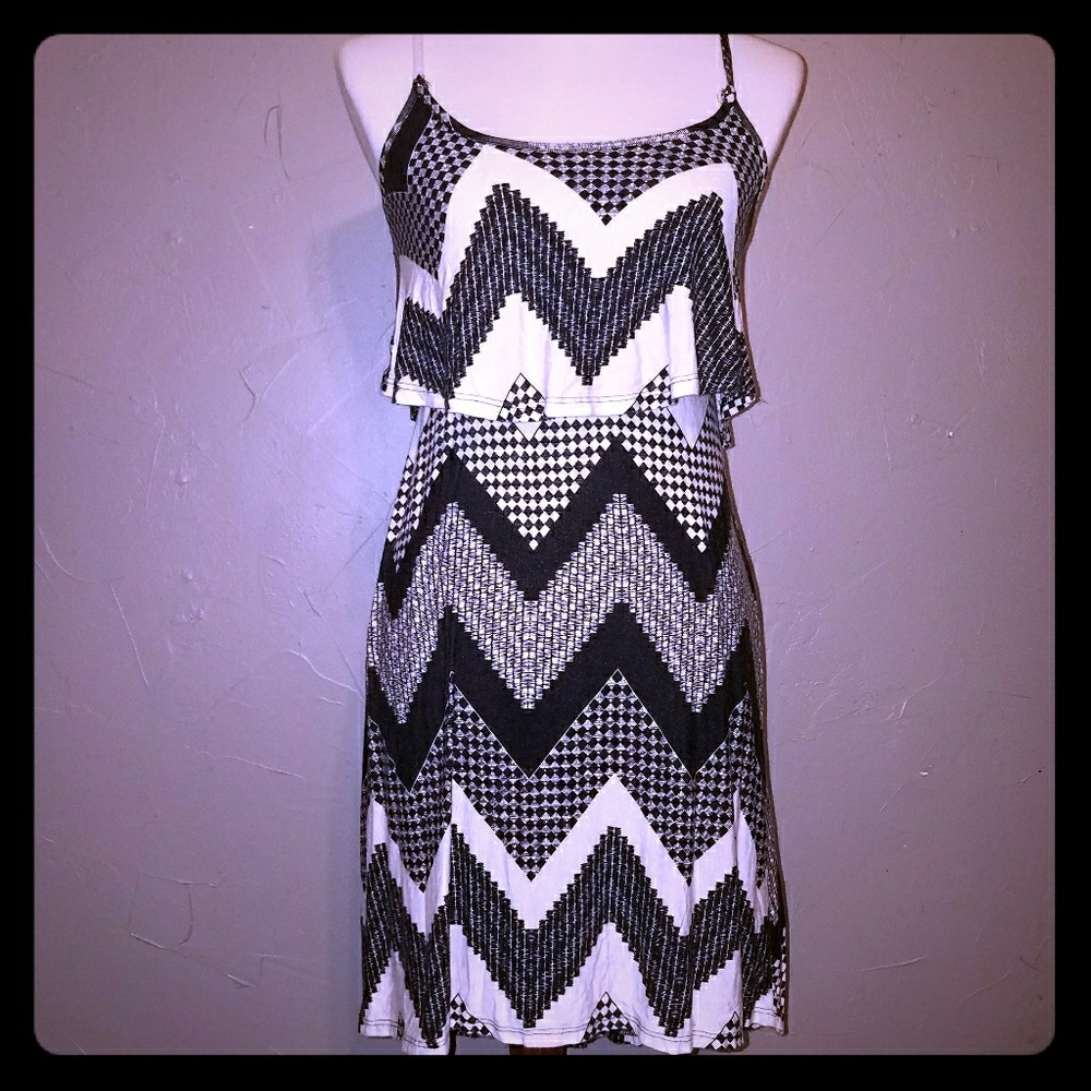Black White Hi Lo Dress Chevron M Spaghetti Strap