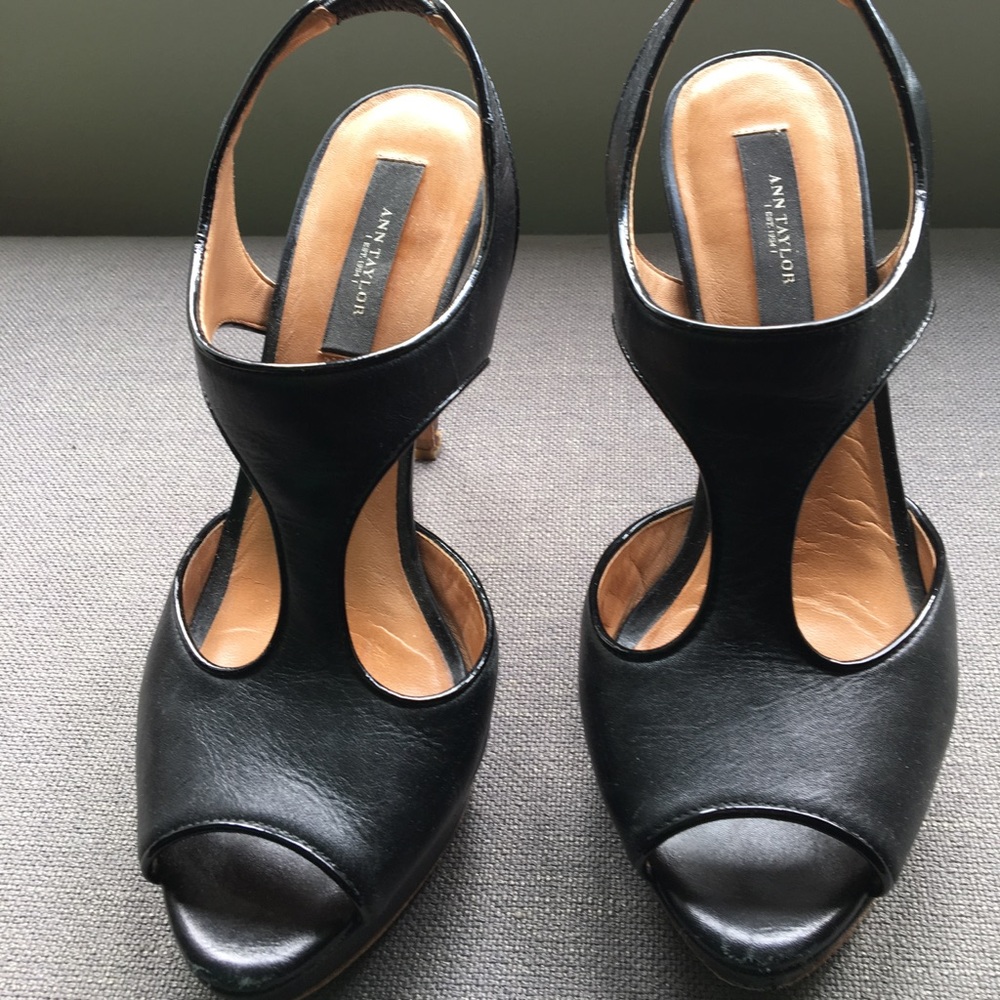 Black leather T strap heeled sandals