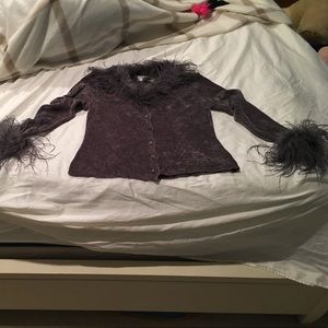 Grey feathered trim neck and wrist cardigan worn 1 Grey feathered trim neck and wrist cardigan worn 1