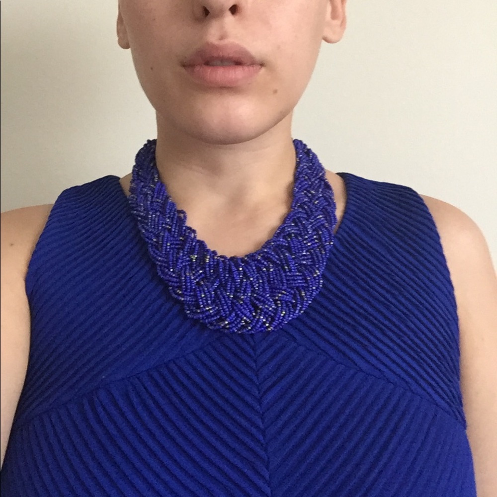 Blue and silver braided beaded necklace