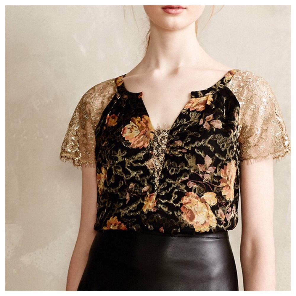 HD in Paris Gold Black Lace Floral Silk Blouse