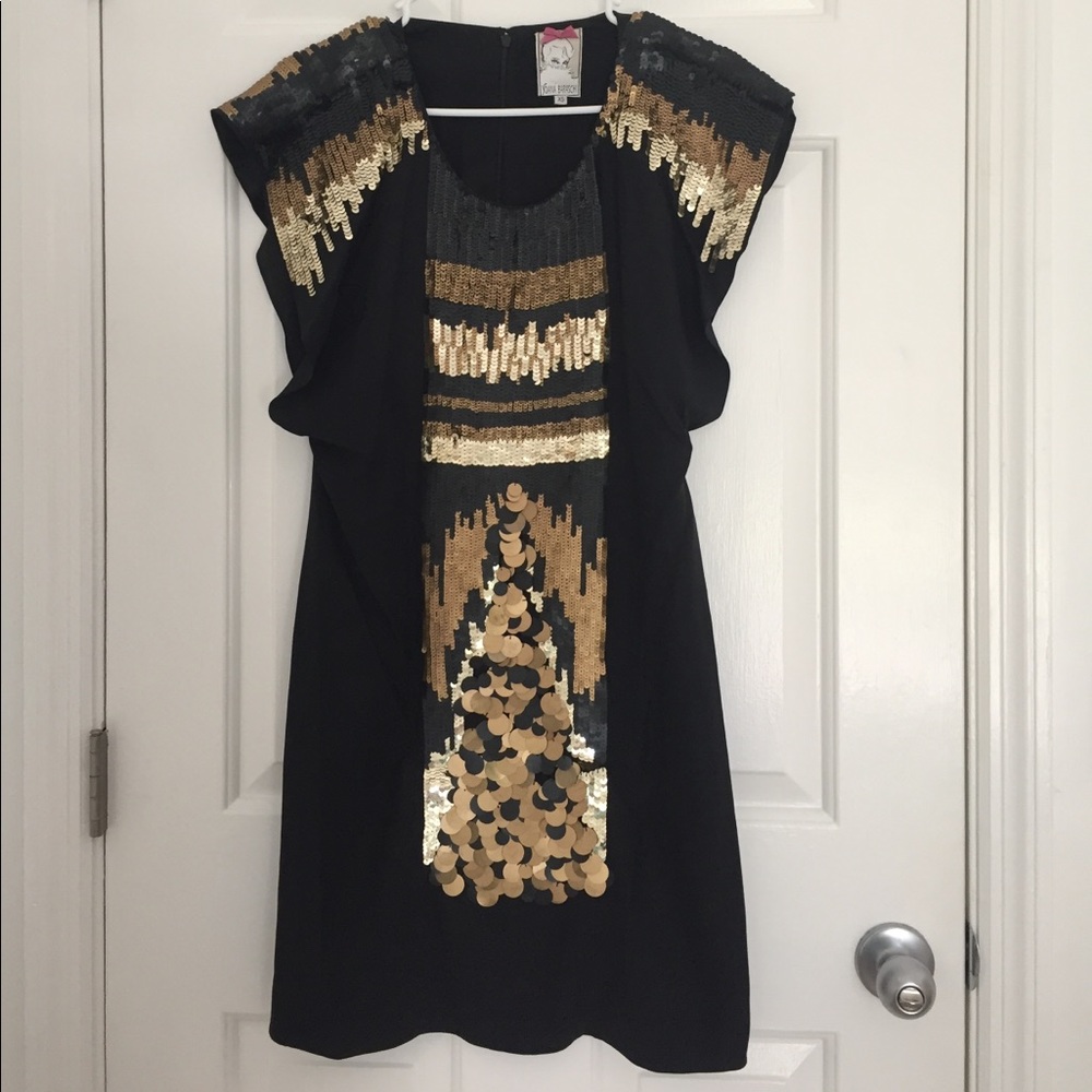 Black silk and gold sequin dress