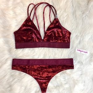 L/M VELVET VS PINK Bralette Thong Set Red Maroon