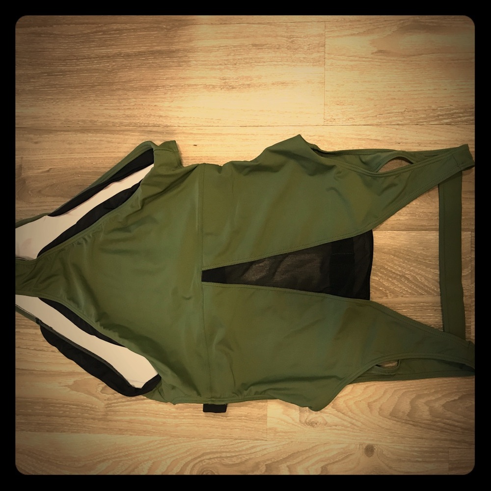 One piece swimsuit in olive green.
