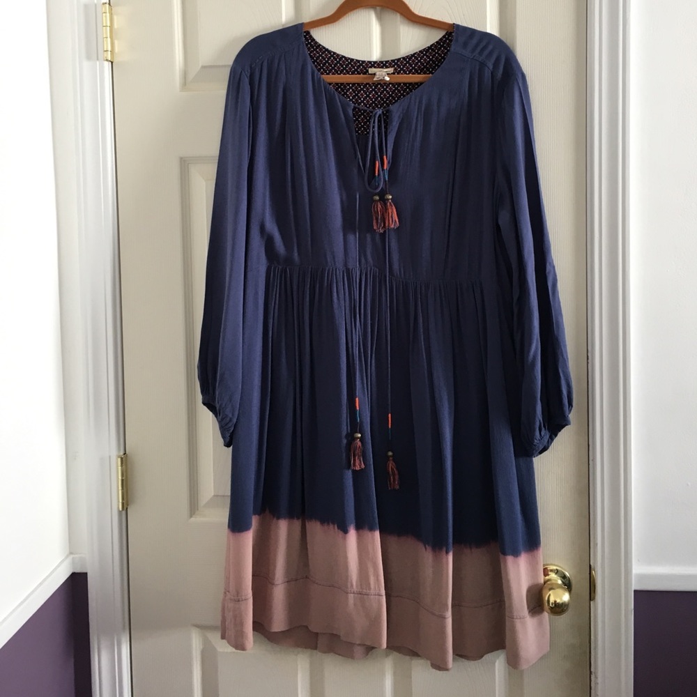 Blue Dip Dye Hem Peasant Dress