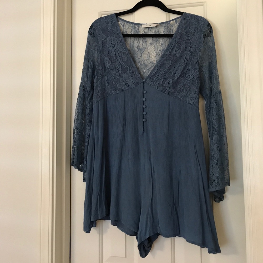 Lush Blue romper with lace sleeves