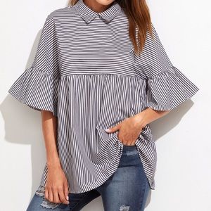 Black and white striped bell sleeve top blouse