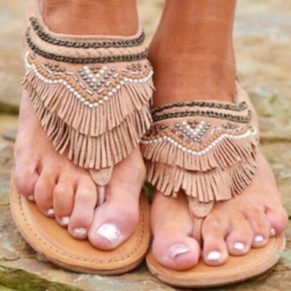 Gadiator Boho Fringe Studded Aztec Sandals