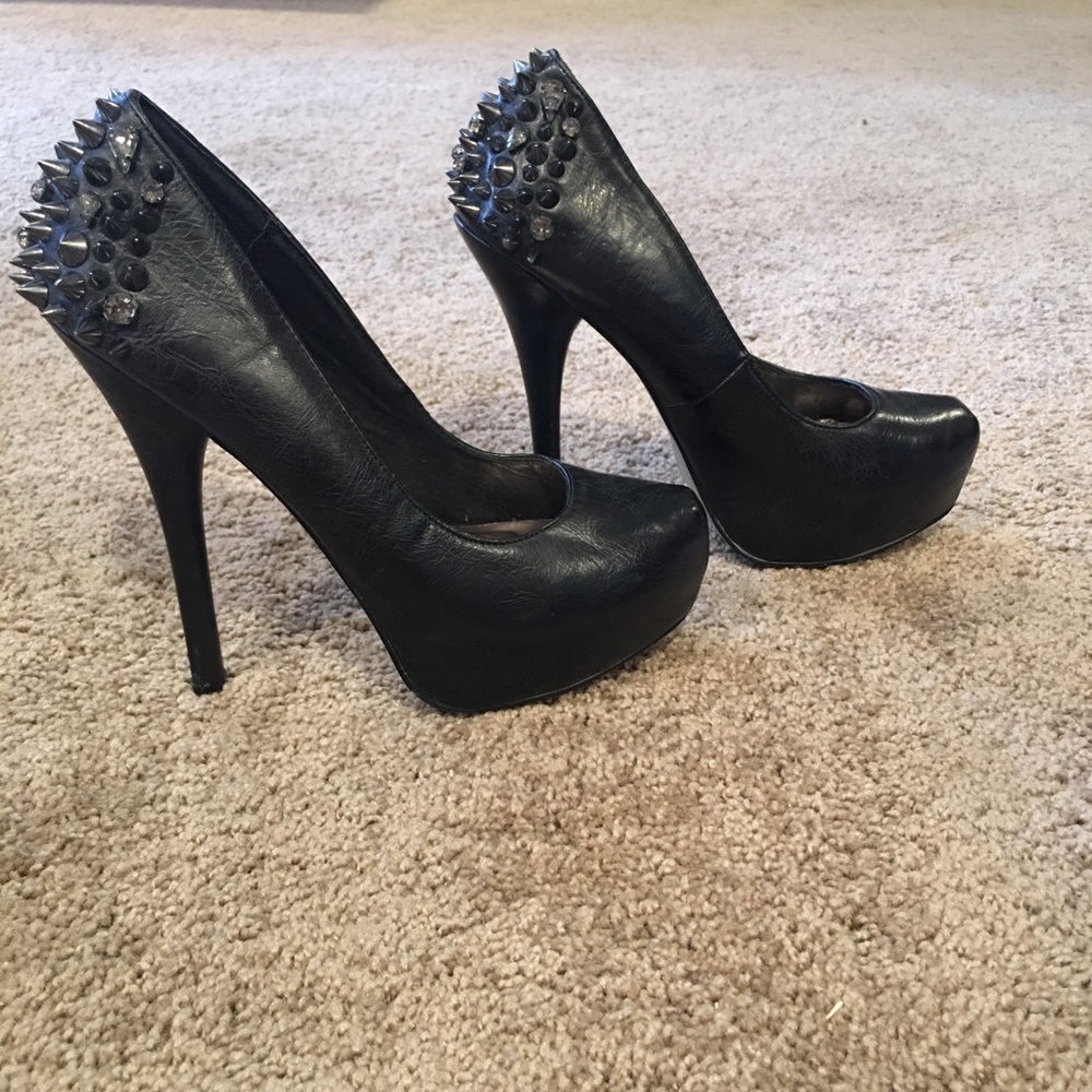 Wild Pair Black Heels with Spikes and Rhinestones