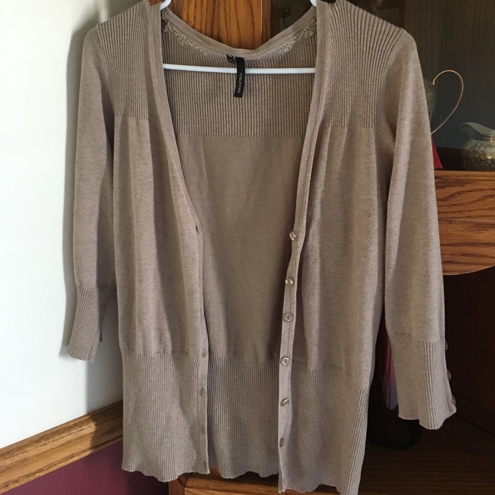 Maurice's tan cardigan