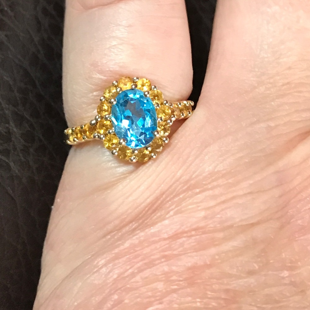 Blue topaz and citrine ring in 14kt yellow gold