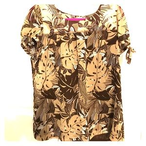 Tan and brown short sleeve blouse with ties