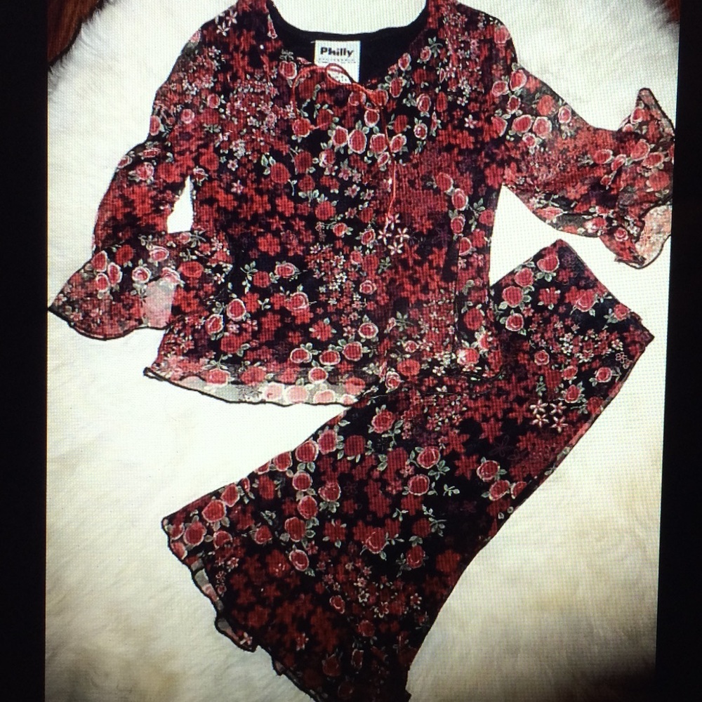 Girls 2pc dressy red/black floral blouse/skirt set