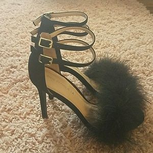 Black fuzzy high heels