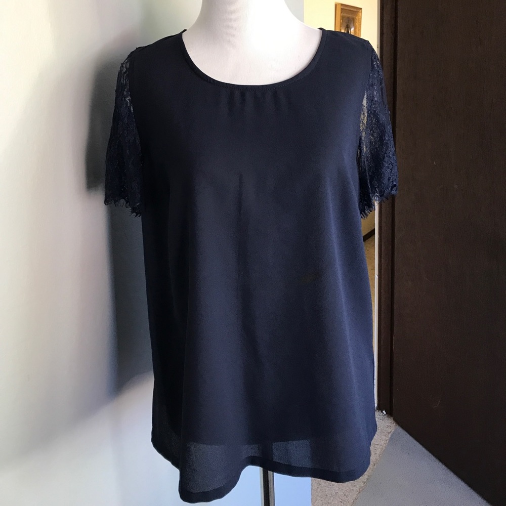 Navy blouse with lace sleeves