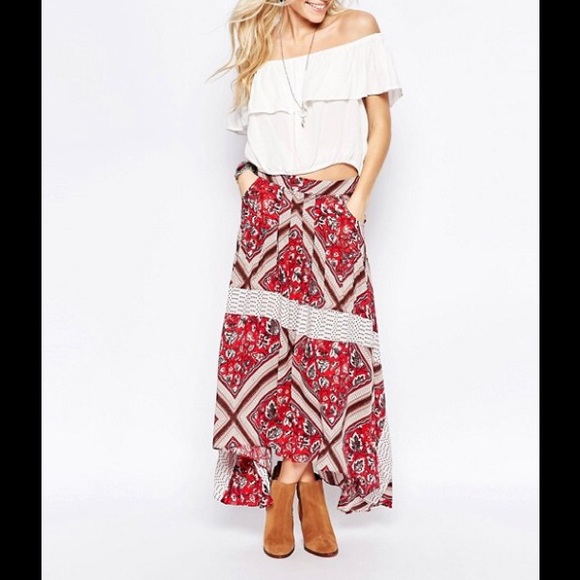 NWT Free People Paradise Printed Midi Skirt Red - Picture 3 of 8