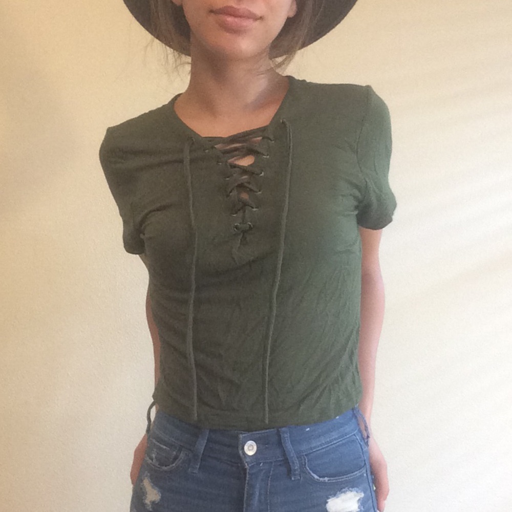 Olive green lace up crop