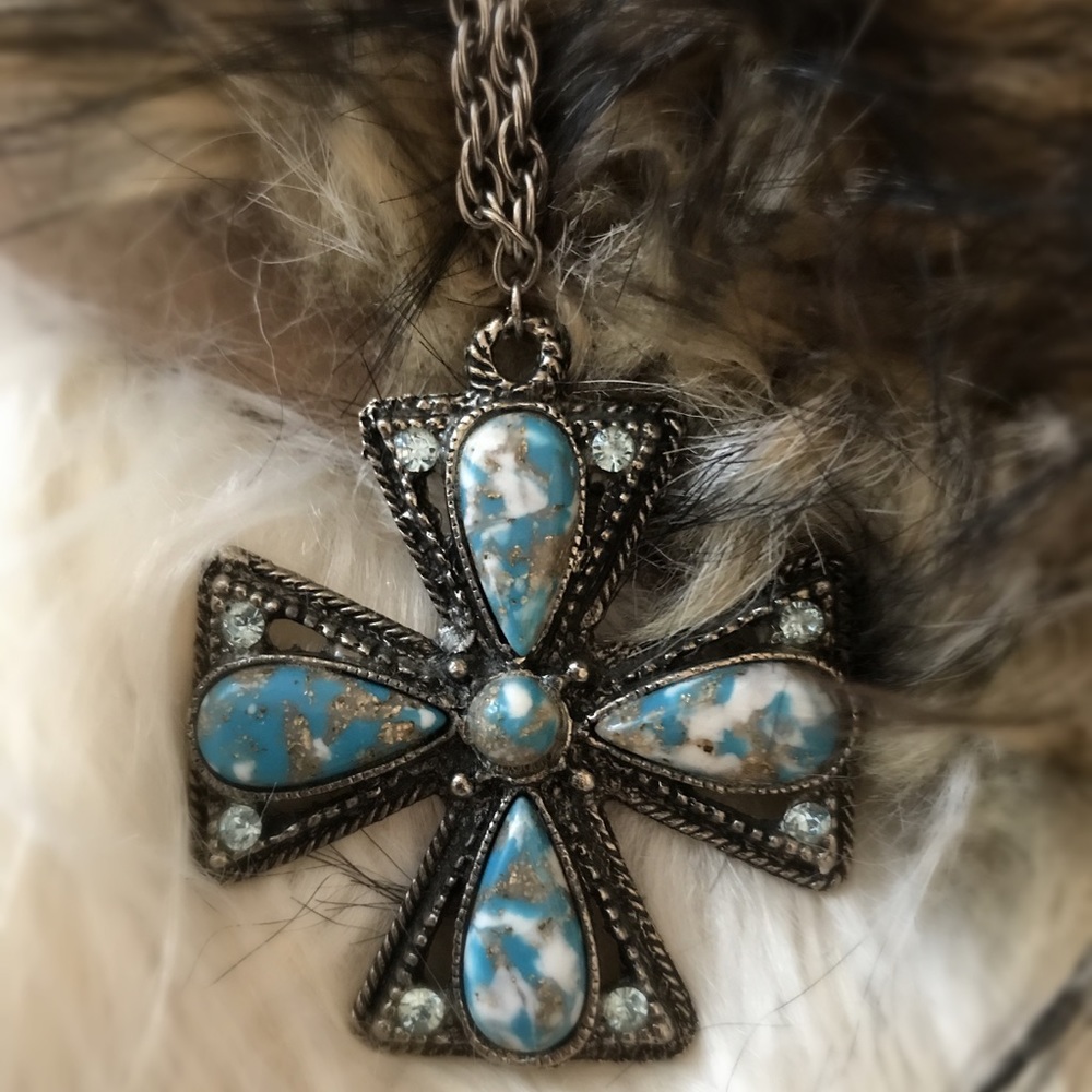 Tribal Boho Turquoise Cross Necklace