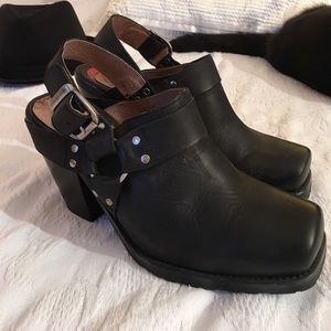 Black mules silver motor cycle strap made in Spain