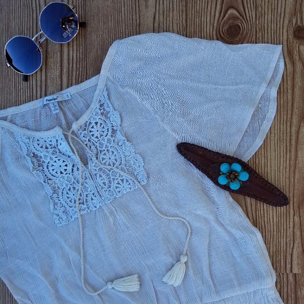 Papaya Cream Sheer Boho Top w/Tassel Ties
